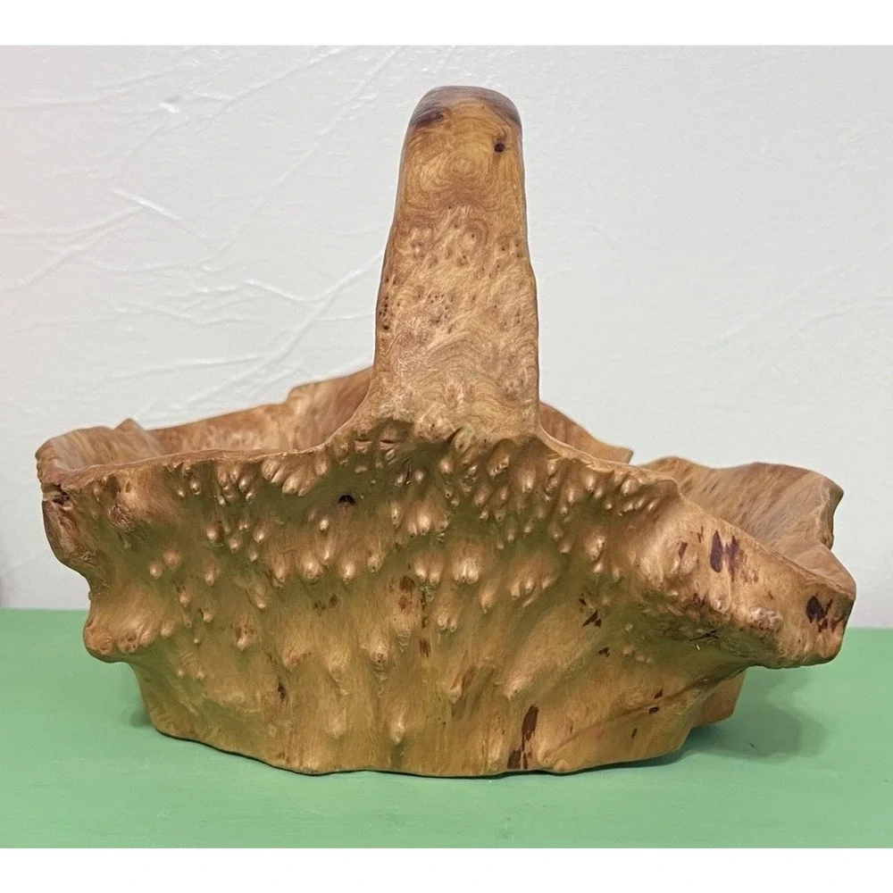 MCM Hand Carved Burl Wood Basket Handle Knobby Unique Boho Cabin Nature VTG‎